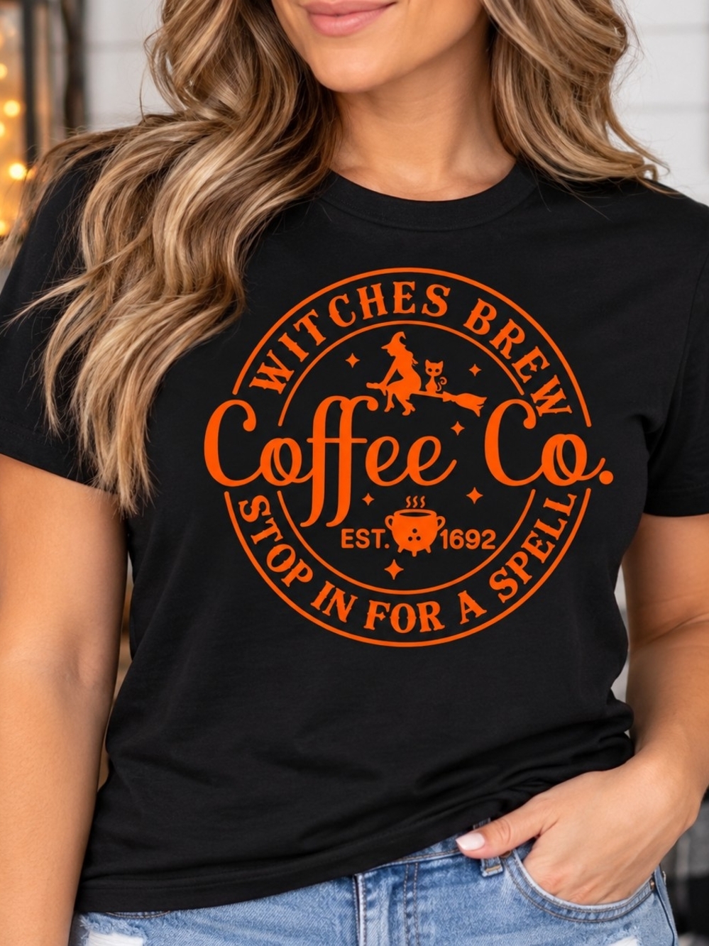 Gildan Black Short-Sleeve Tee with Orange Witches Brew Coffee Co. Graphic